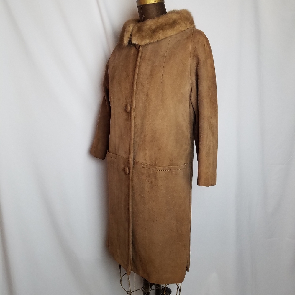 Vintage 1940s-1960s Genuine Leather Suede Mink Collar Swing Coat S Camel